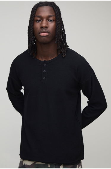 Regular Fit Henley Fine Knitted Long Sleeve T-Shirt - black