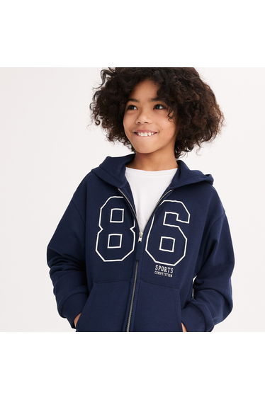 Zip-Up Fleece Hoodie with Varsity Campus Print