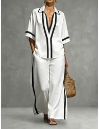 Half Sleeves Loose Contrast Color Lapel Blouses&Shirts Tops - 3