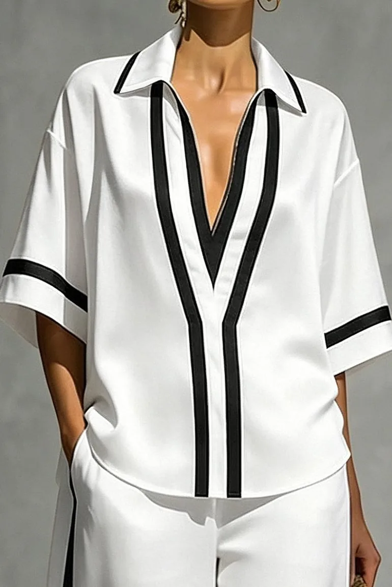 Half Sleeves Loose Contrast Color Lapel Blouses&Shirts Tops - 1