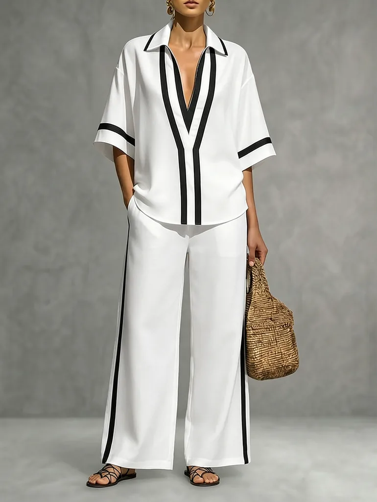 Half Sleeves Loose Contrast Color Lapel Blouses&Shirts Tops