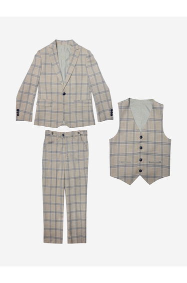 Boys Check 3 Piece Suit in Beige