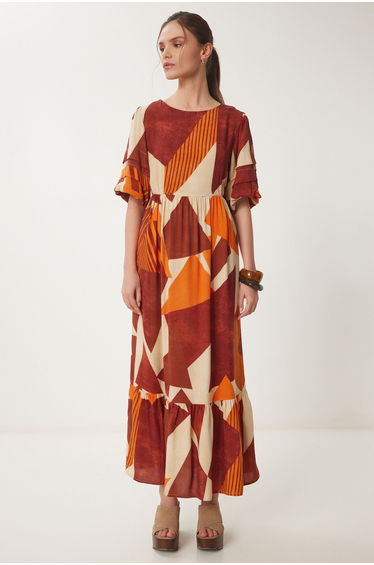 Women's Brick Orange Patterned Summer Woven Dress