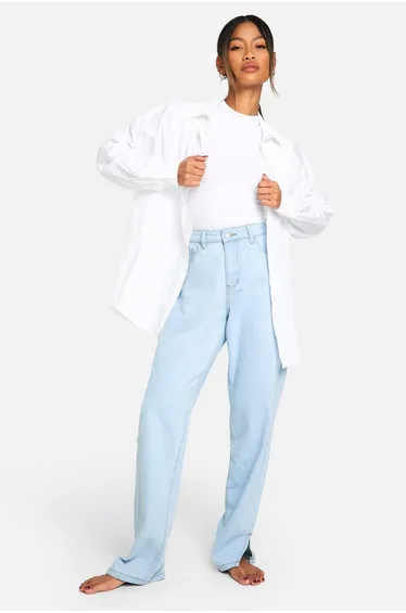 Basics High Waisted Split Hem Straight Leg Jeans - bleach wash