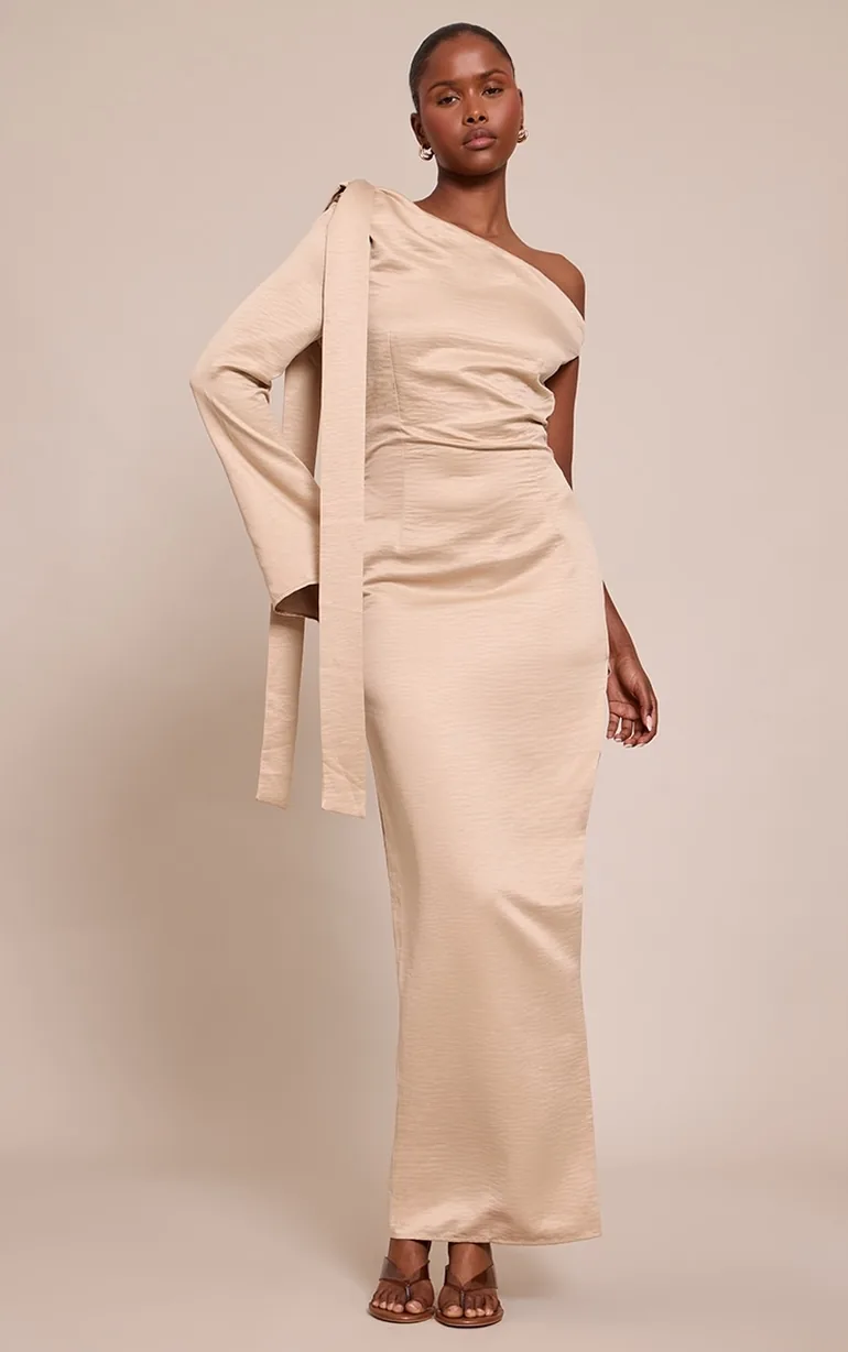 Nude Textured Woven Tie Shoulder Maxi Dress Prettylittlething Beige :  Evening Dresses : VogaCloset Iraq