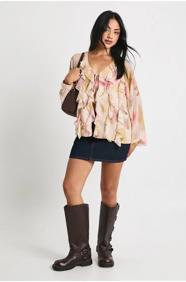 Floral Chiffon Ruffle Blouse - ivory