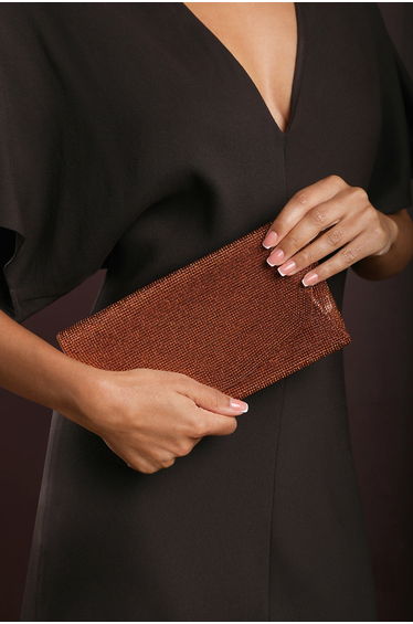 Latte Dark Brown Shimmering Textured Envelope Crossbody Bag with Chain