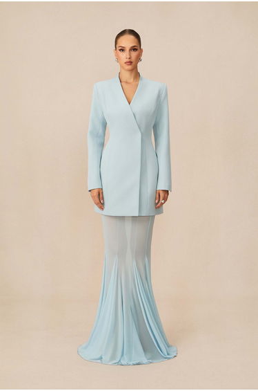 Myra Asymmetric Tailored Blazer & Sheer Mesh Skirt Set