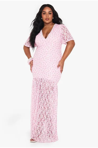 plus floral lace drop hem maxi dress - pink