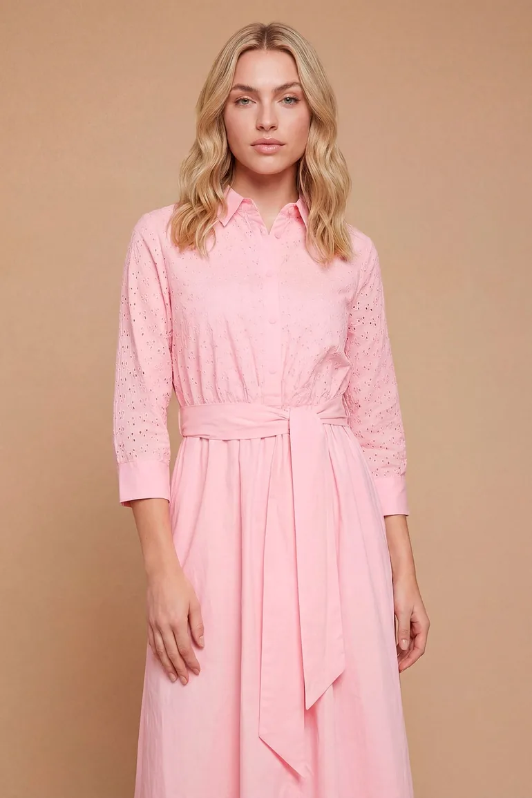 Contrast Broderie Belted Shirt Dress - 3