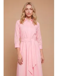 Contrast Broderie Belted Shirt Dress - 3