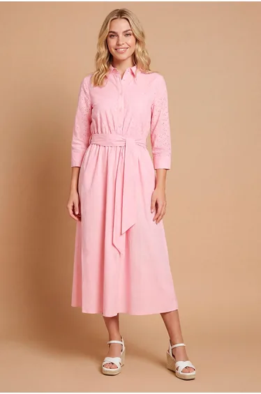 Contrast Broderie Belted Shirt Dress