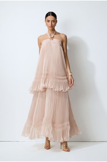 Light Party Moment Pink Halter Neck Pleated Maxi Dress
