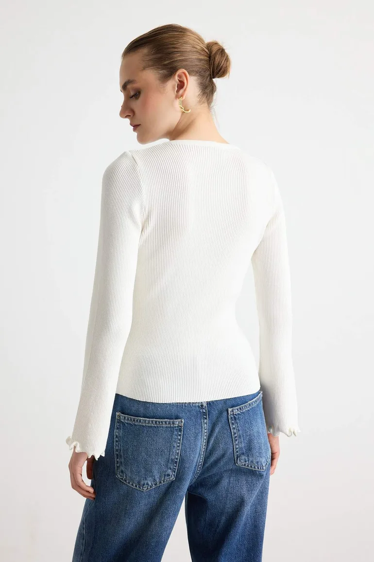 Ecru Sleeve Detailed Body-Hugging Crew Neck Knitwear Cardigan - 3