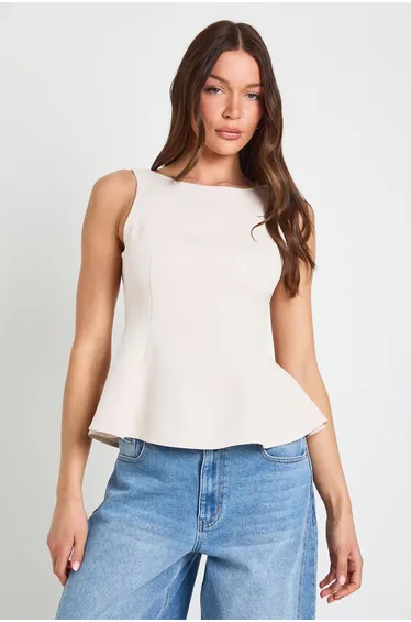 Crepe Tie back Racer Neck Top - stone