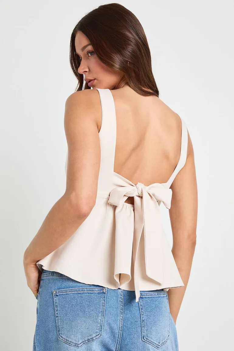 Crepe Tie back Racer Neck Top - stone - 1