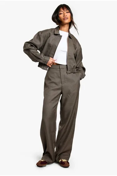 Tonal Check Wide Leg Tailored Trousers - chocolate