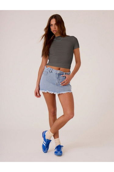 Charcoal Solid Round Neck Short Sleeve Crop T-Shirt