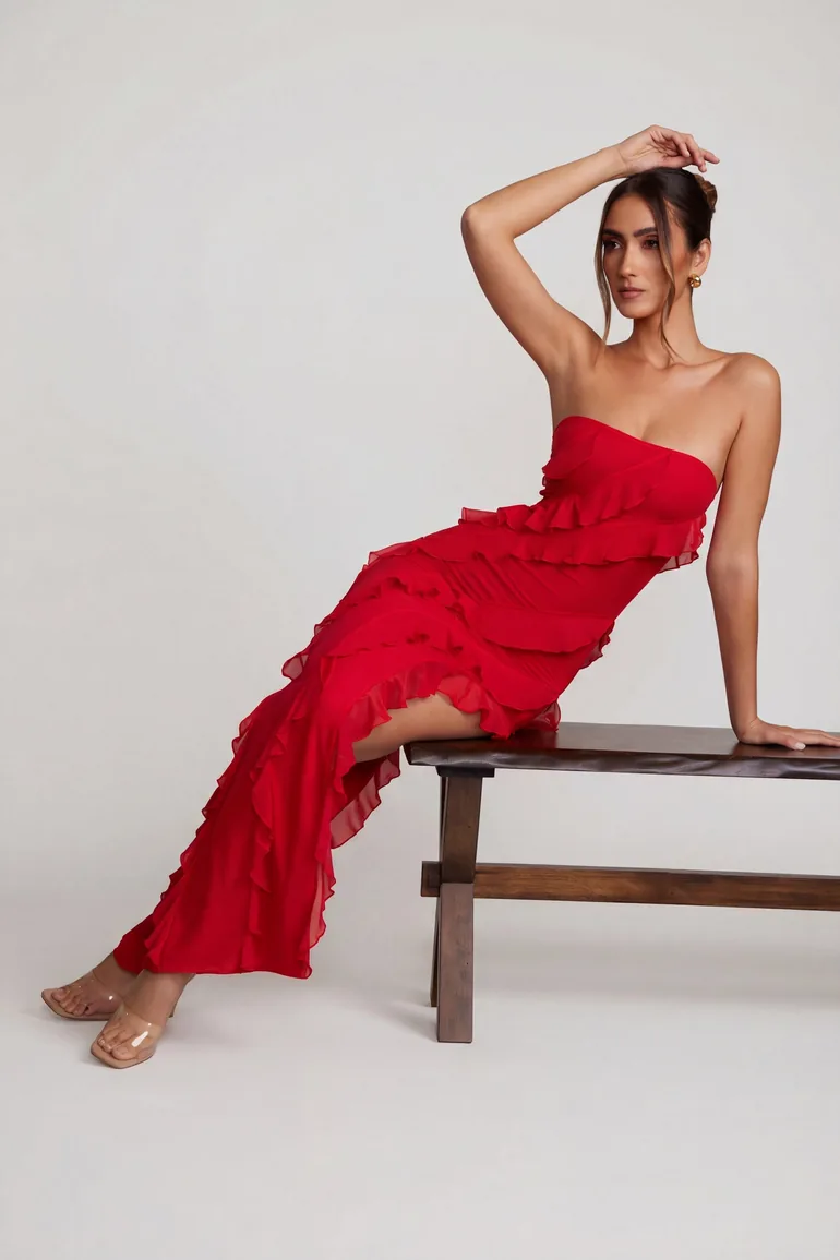 bandeau ruffle detail maxi dress Bandeau Ruffle Detail Maxi Dress in Red Oh Polly Red : Evening Dresses :  VogaCloset Bahrain