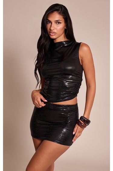 Black Wet Look Croc Print Asymmetric Top
