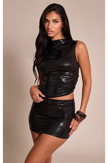 Black Wet Look Croc Print Asymmetric Top