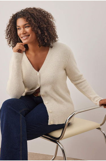 Ecru Jeweled Buttoned Soft Feel Knit Cardigan