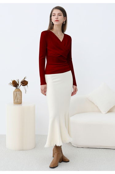 Artful Crisscross V-Neck Long Sleeve Knit Top in Red
