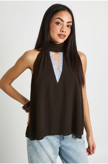 Chiffon High Neck Lace Keyhole Blouse - chocolate