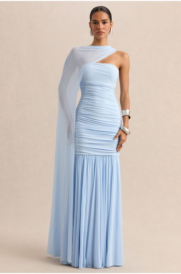 Ivanka | Powder Blue Asymmetric-Neck Maxi Dress With Cape Sleeve