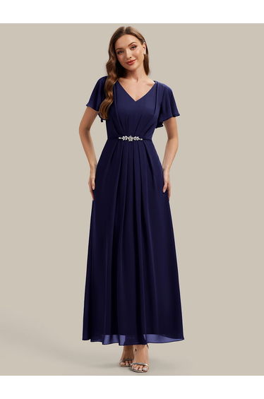 Rhinestone Embellished Chiffon Ruffle Sleeve Wedding Guest Dress