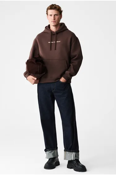GRIMELANGE BLAISE Men's Front and Back Printed Hooded Sweatshirt with Drawstring and Kangaroo Pocket Regular Fit Brown Sweatshirt