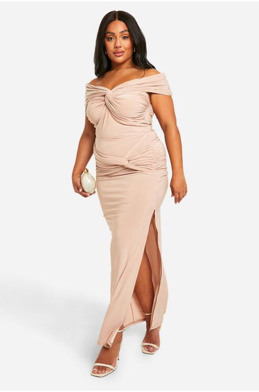 Plus Double Slinky Twist Front Off Shoulder Top - mocha