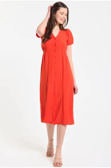 Orange Button Front Midi Dress