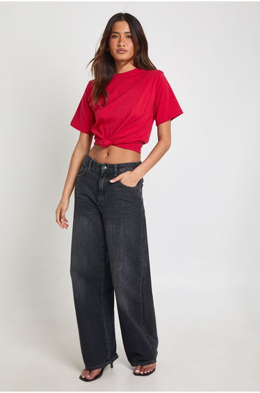 Shoulder Pad Knot Hem T-Shirt - red