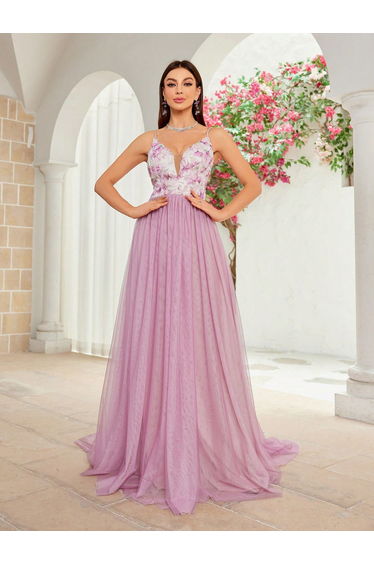 Leely Spaghetti Strap A-Line Tulle Prom Dress with Floral Bodice