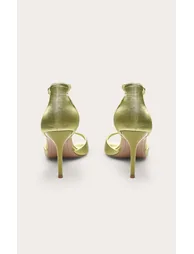 Green Satin Square Toe Barely There Heeled Sandals - 3