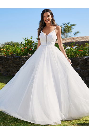 V-Neck A-Line Wedding Dress featuring Delicate Pearl Accents