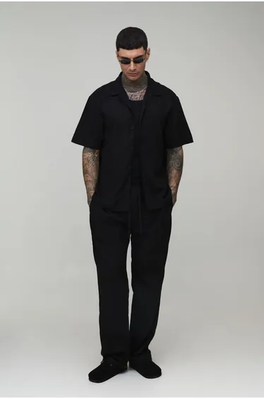 Tall Holiday Linen Blend Oversized Shirt & Relaxed Trouser Set - black