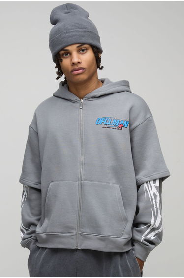 Oversized Boxy Moto Zip Through Faux Layer Hoodie - charcoal