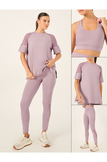 Pack of 3 - Shoulder Mesh Detail Top, Back Dual Tear Drop Sports Bra and Leggings