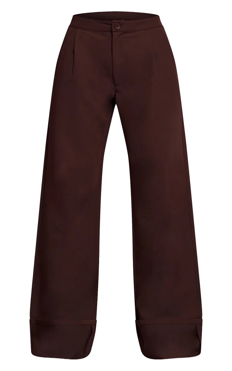 Dark Chocolate Woven Tailored Wide Leg Pleated Trousers - 4