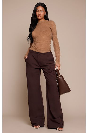 Dark Chocolate Woven Tailored Wide Leg Pleated Trousers