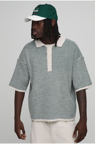 Relaxed Textured Stripe Extended Placket Knitted Polo - forest