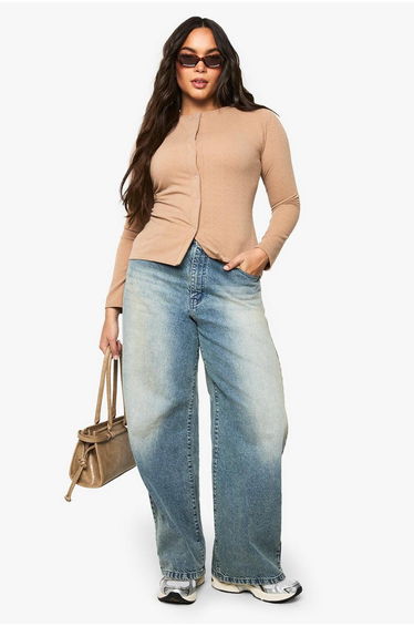 Plus Ripple Rib Button Down Top - mocha