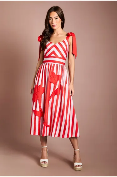 Tie Shoulder Striped Placement Print Midi Dress