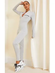 PRETTYLITTETHING Grey Marl Black Embroidered Zip Front Jumpsuit - 2