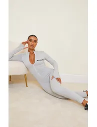 PRETTYLITTETHING Grey Marl Black Embroidered Zip Front Jumpsuit
