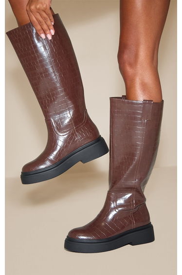 Chocolate Croc Chunky Straight Shaft Knee Boot