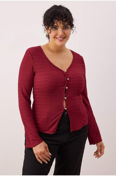 Cherry v-neck button detail waffle knit plus size blouse