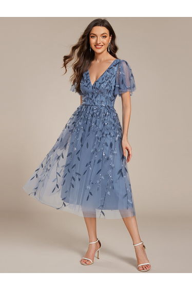 ever SIMONE|Short Sleeves Leaf Sequin A-Line Midi Formal Wedding Guest Dress